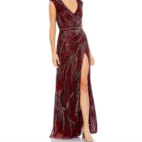 MAC DUGGAL 5227 BEADED CAP SLEEVE THIGH SLIT WINE/BURGUNDY GOWN sz 4 - Picture 5 of 6